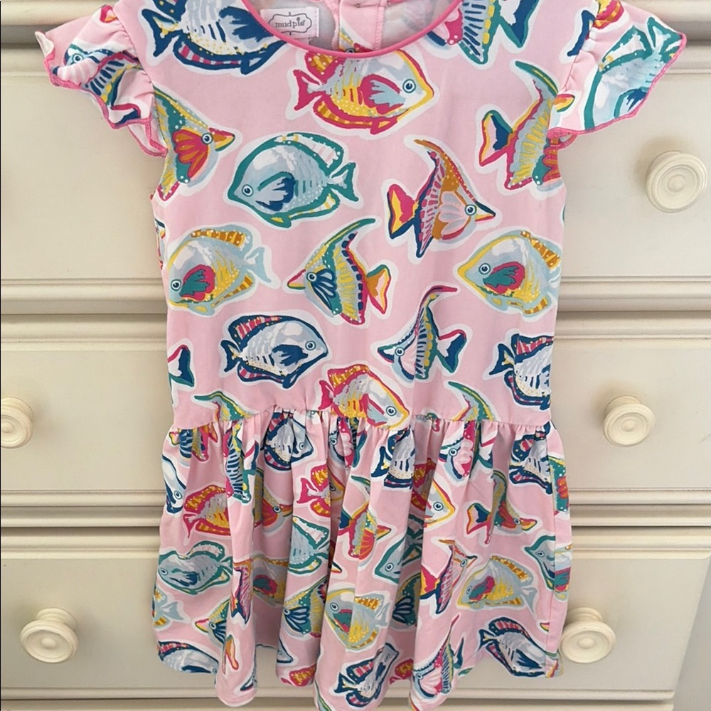 Mudpie 4/5T Girls' Pink Fish Print Ruffle-Sleeve Dress sale 3 for $20
